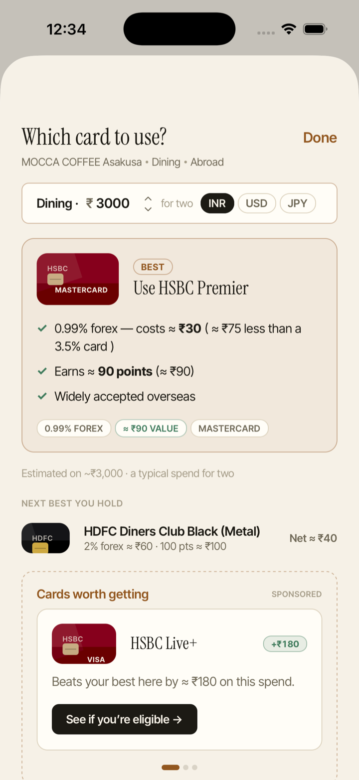 A trip stop in Travelstone showing a 'best card to use' suggestion with a local-currency estimate.