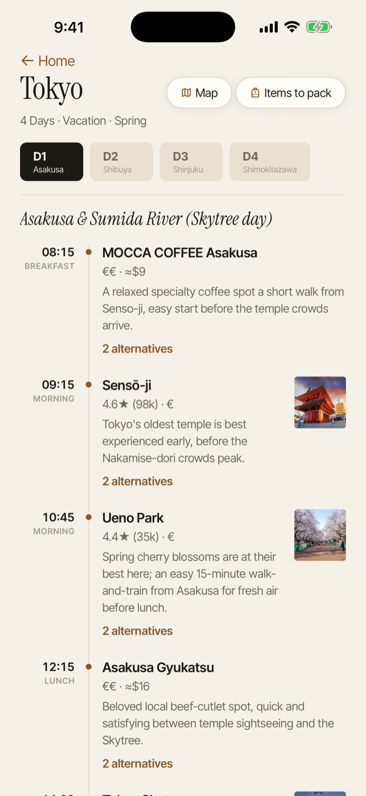 A Travelstone day-by-day itinerary for Tokyo, with timed stops, photos and alternatives.
