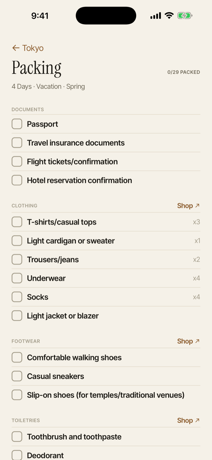 A categorized packing list for a Tokyo trip with checkboxes for documents, clothing and toiletries.
