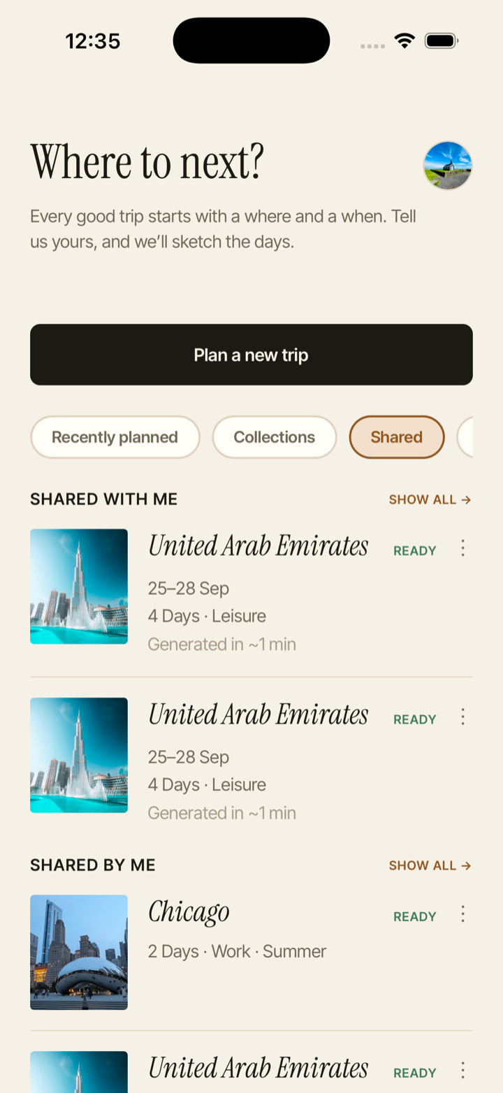 The Shared tab in Travelstone, showing trips shared with you alongside your own collections.