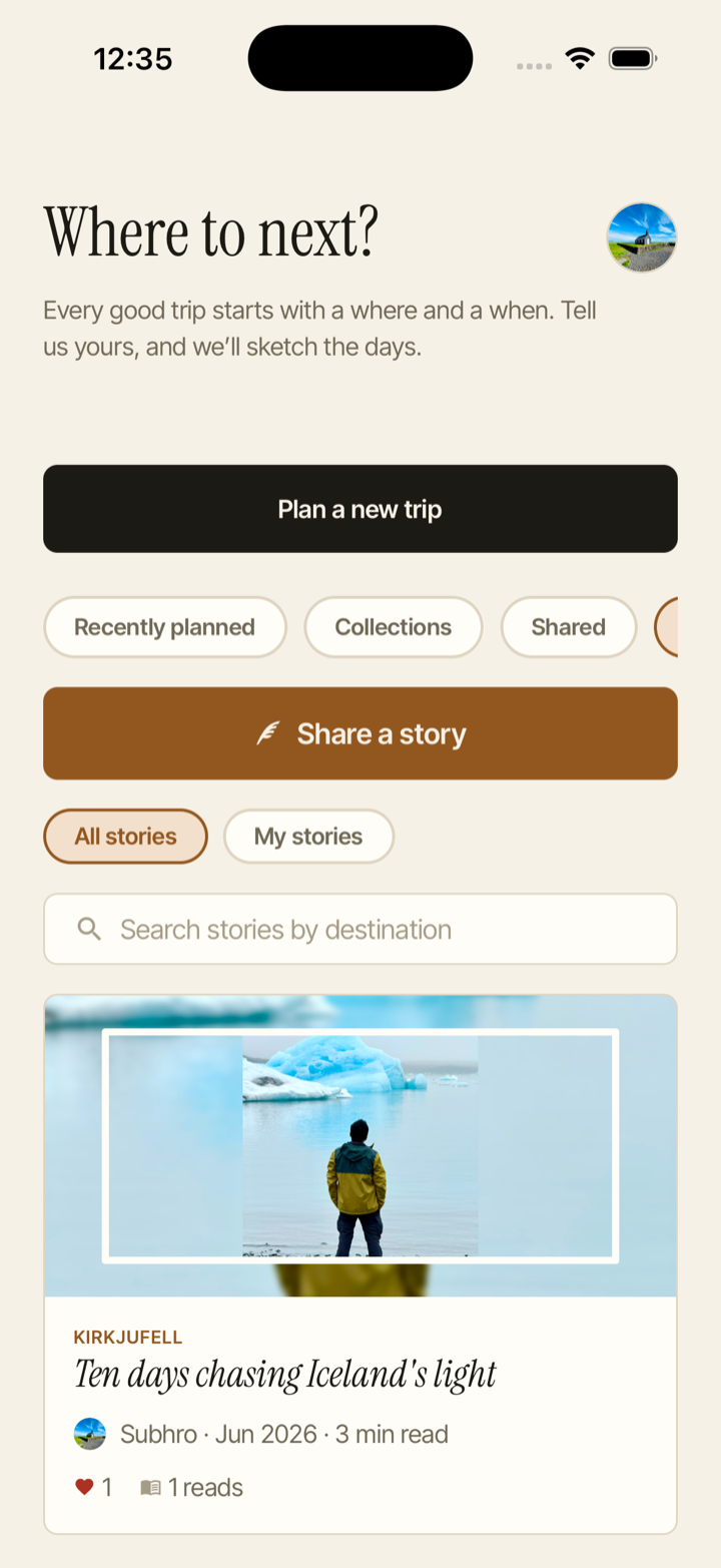The Travel Stories feed in Travelstone, a scroll of illustrated first-hand trip stories from other travellers.